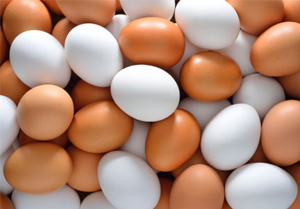 Pile of white and brown eggs