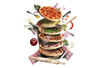 Different types of pizza in a stack